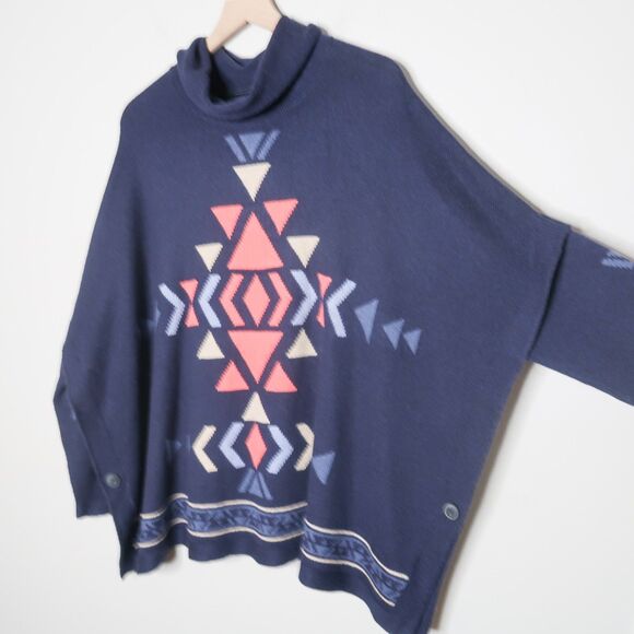 J.Jill Womens Knit Pullover Sweater 1X Blue Aztec‎ Tribal Oversized Western Cozy - Picture 7 of 10